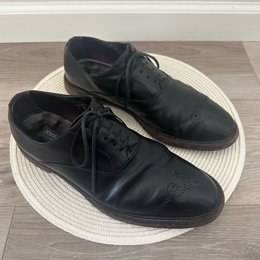 DOLCE & GABBANA Mens Lace Up Black Leather Loafer Dress Shoes Size 10 Old Money